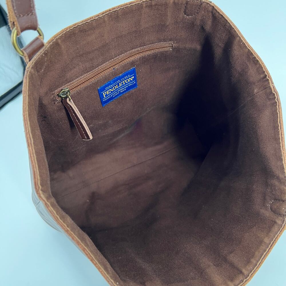 Pendleton Open Top Tote Bag Chocolate Brown Leather Laser Cut Wool Blanket Panel - Picture 7 of 13